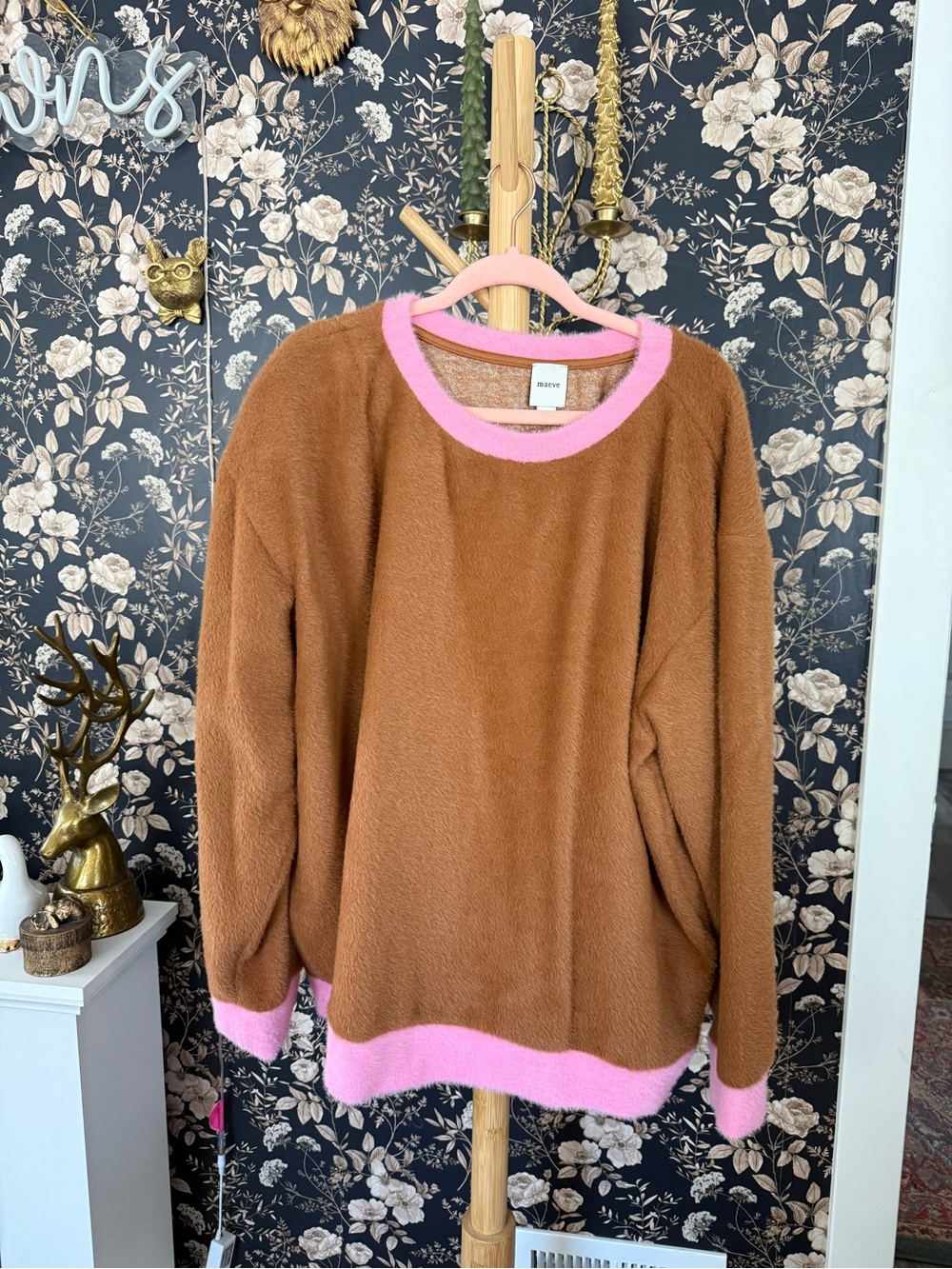 Maeve Brown Crewneck Sweater with Pink Trim